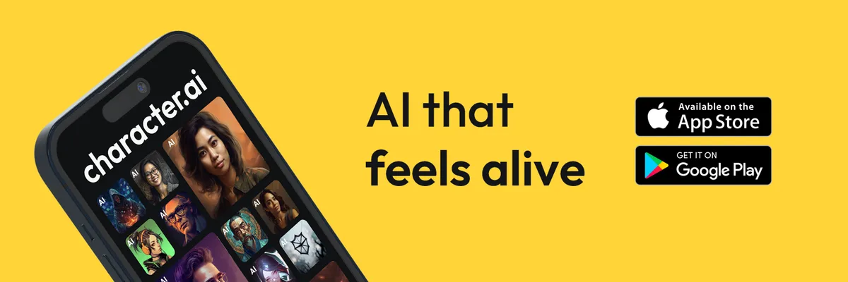 Official launch graphic showing the Character.AI mobile interface and app-store badges.