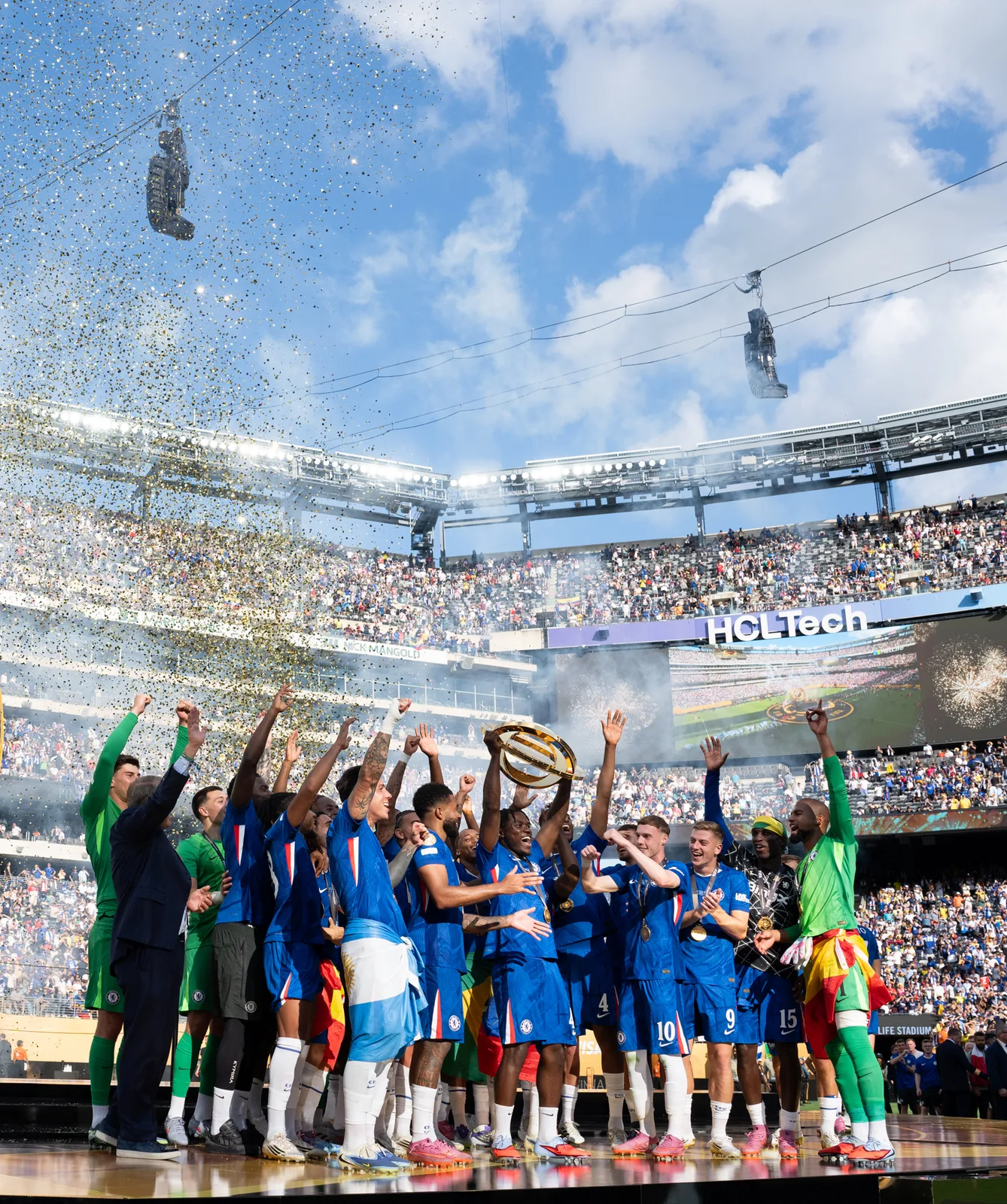 President Donald Trump participates in the post-match ceremony at the FIFA World Cup Final soccer match between Chelsea Football Club and Paris Saint-Germain, Sunday, July 13, 2025, at MetLife…