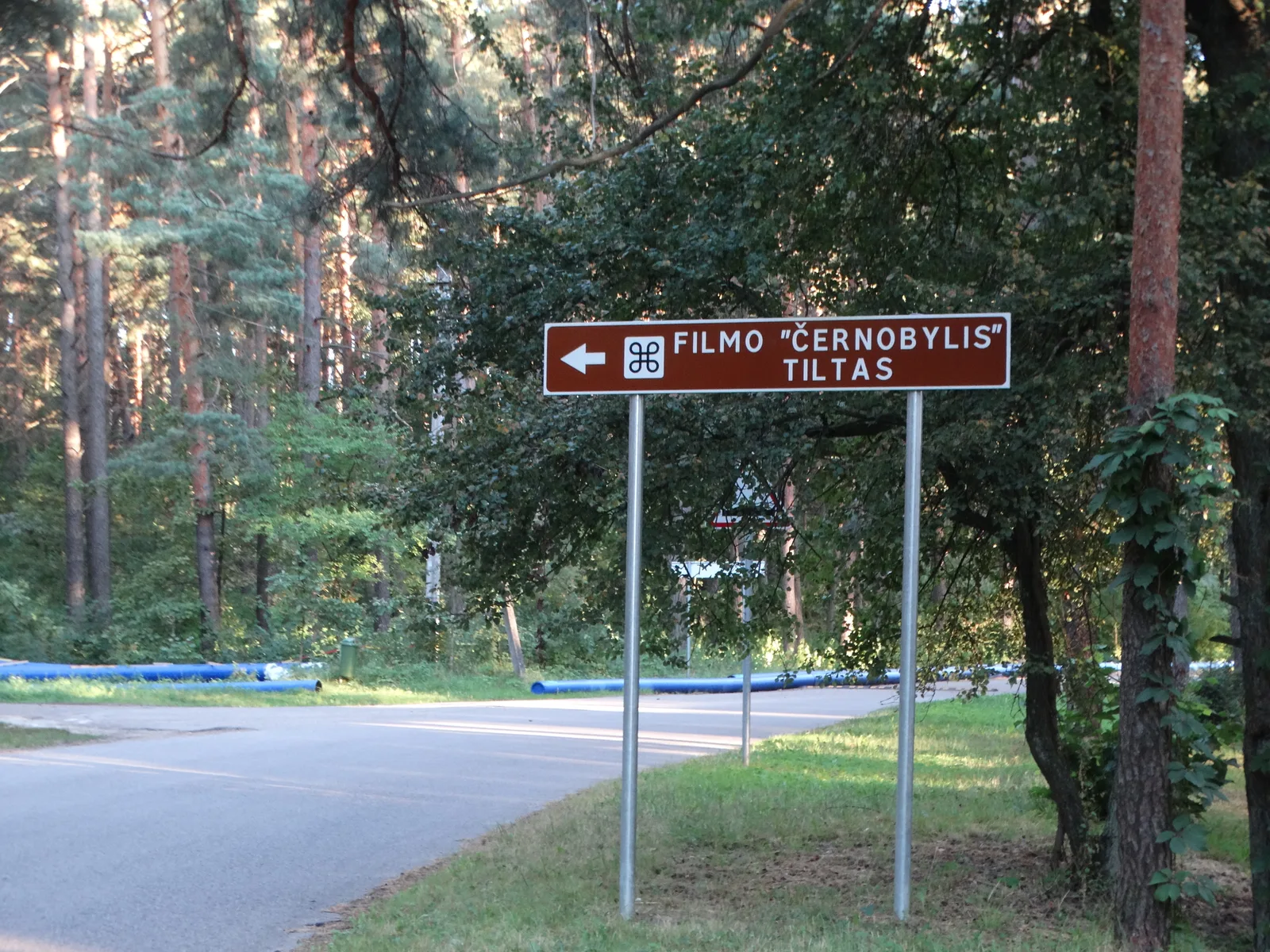 Sign for the Kaunas bridge used in Chernobyl, photographed in 2022; a filming-location photograph, not a series still.