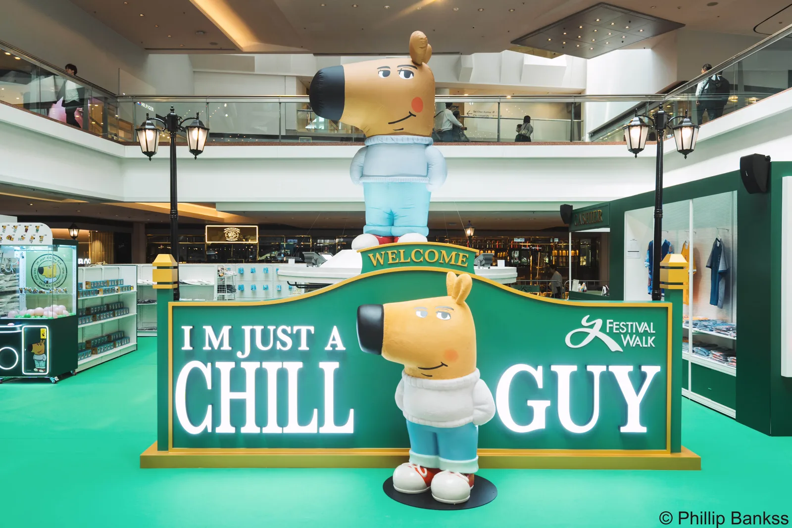Festival Walk’s official photos of the Chill Guy pop-up and its large character installation.