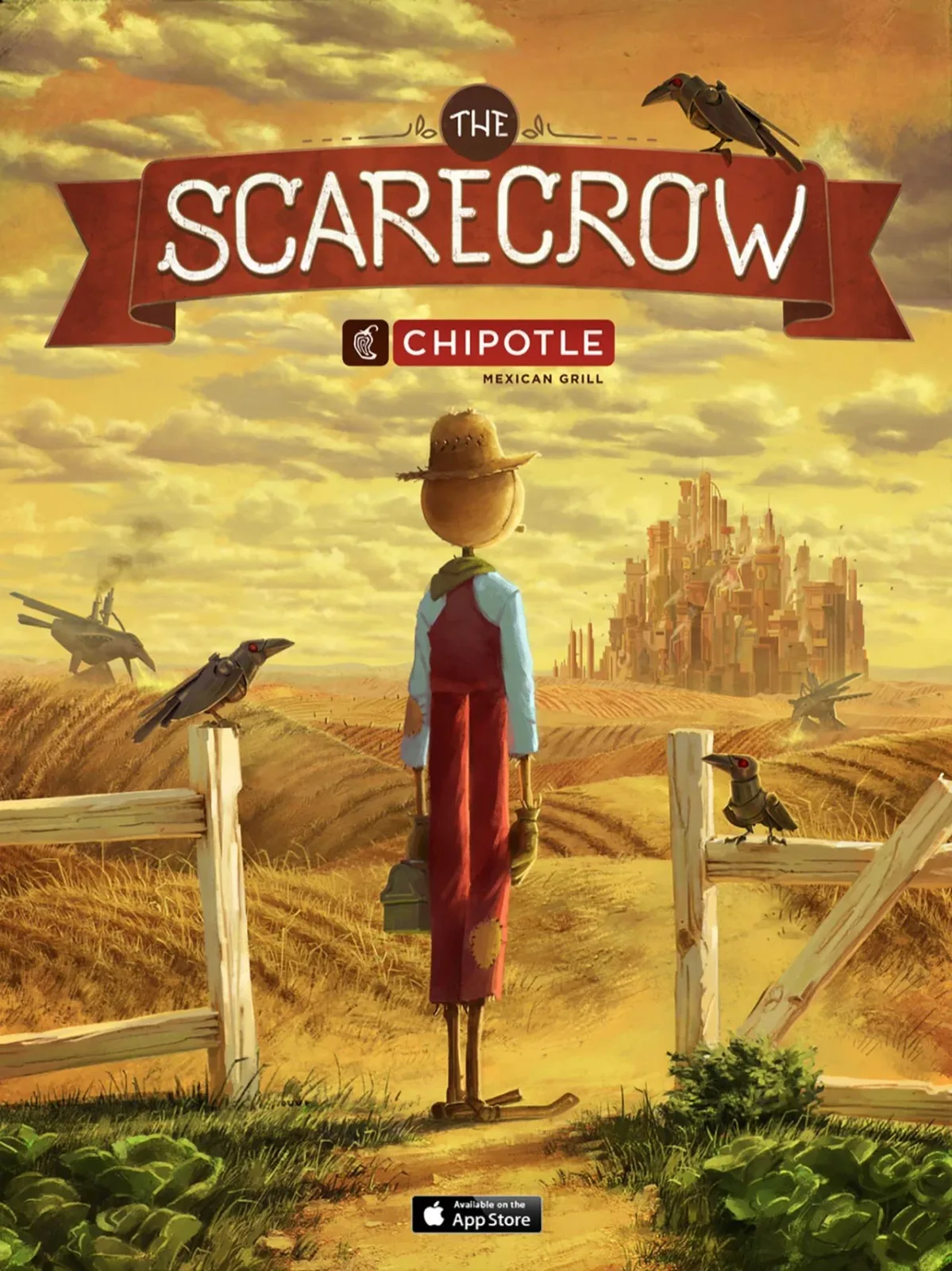Official The Scarecrow poster with the scarecrow, Crowbots, factory city and App Store badge.