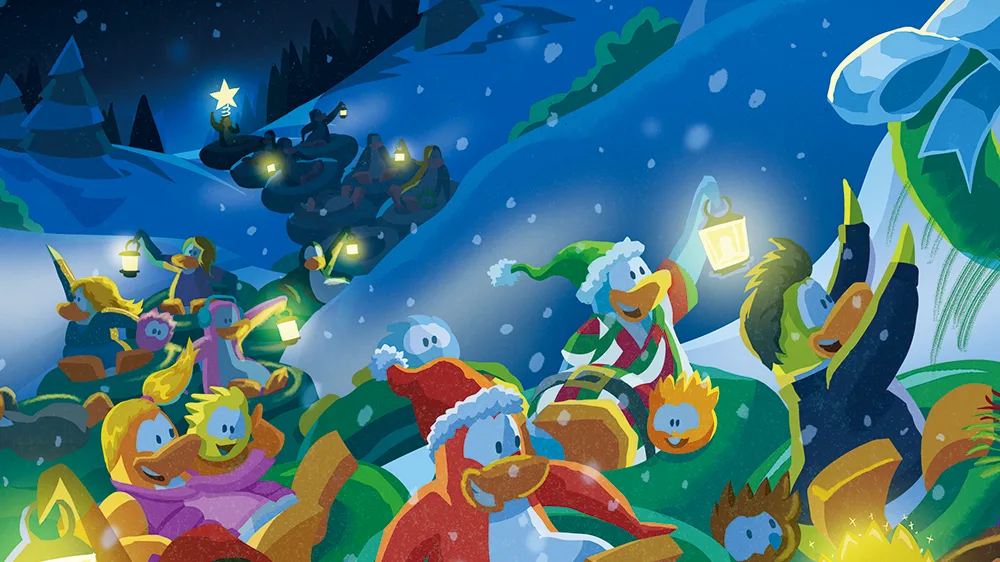 Club Penguin art of penguins at a night celebration