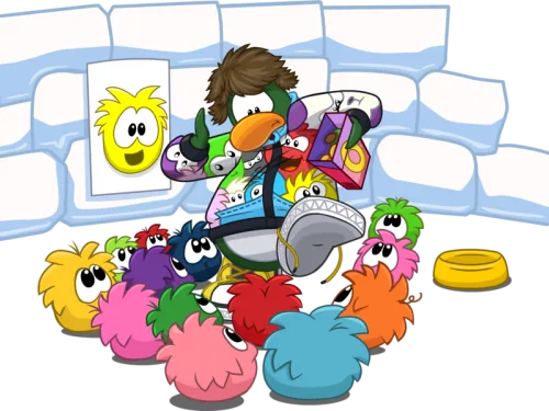 A penguin surrounded by puffles, the game's pets