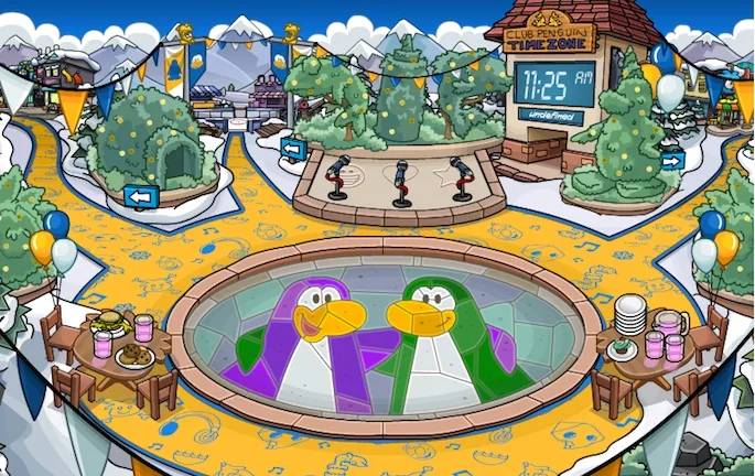 Two penguins in the decorated town center