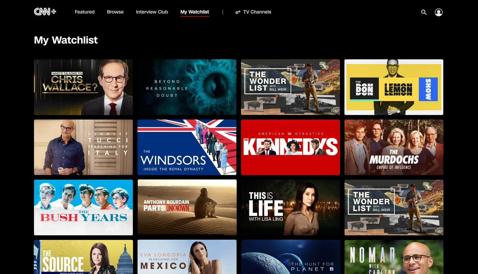 Official CNN+ desktop Watchlist interface with program tiles, supplied in CNN’s launch materials.