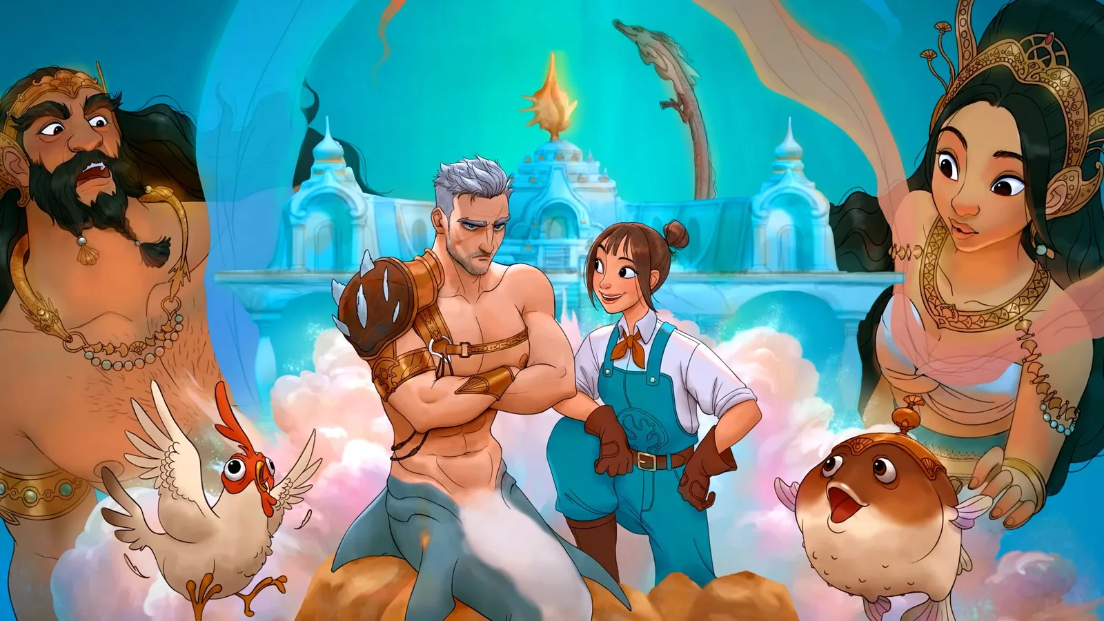 Coral Island 1.1 update art showing a young female farmer standing happily beside an older merman while merfolk and sea creatures surround them