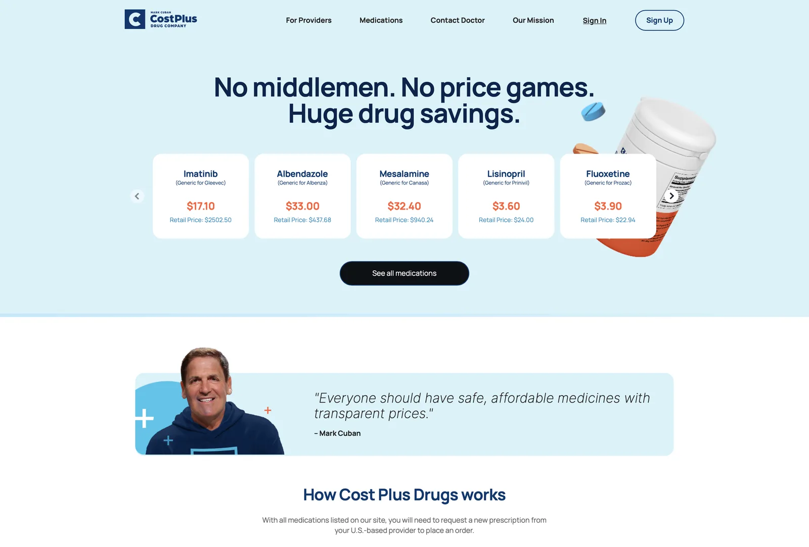 Official 2022 pharmacy homepage screenshot showing generic-drug prices beside retail comparisons.