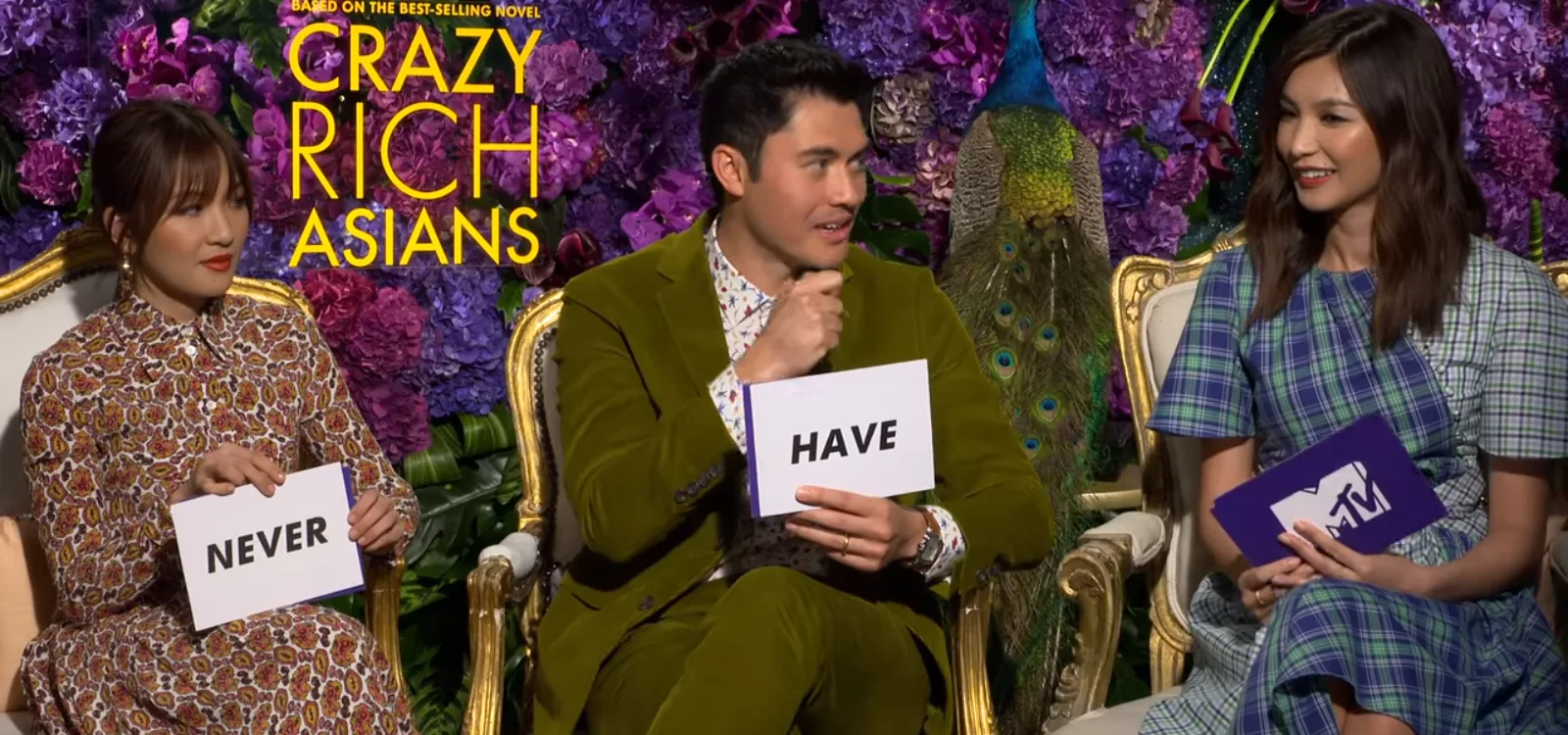 Constance Wu, Henry Golding and Gemma Chan promoting Crazy Rich Asians on MTV in September 2018; CC BY 3.0.