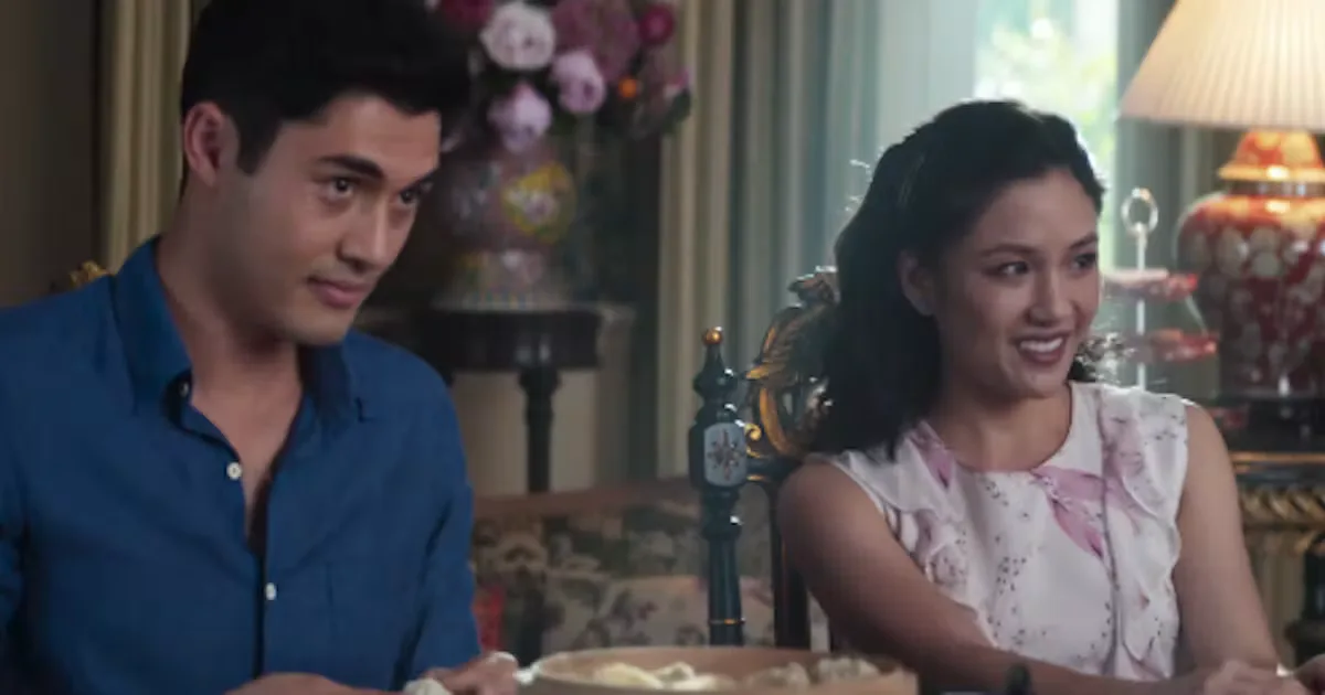 Henry Golding and Constance Wu as Nick and Rachel.