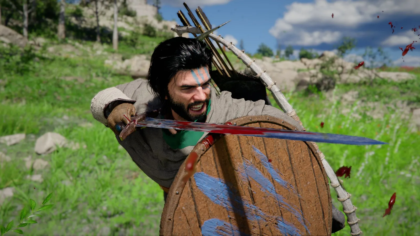 Crimson Desert Twitch Drops: A close-up of Kliff bracing while holding his sword over his shield, ready to thrust.