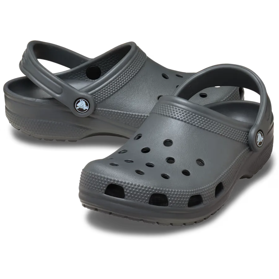 Official product photograph of a pair of slate-grey Classic Clogs, showing the heel straps and ventilation holes.