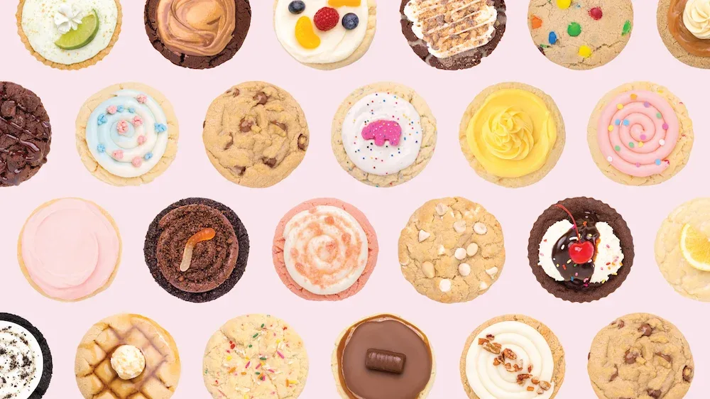 Crumbl's rotating cookie flavors on a pink background, from the company's own site.