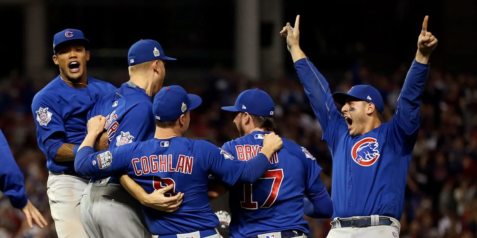 Cubs players celebrate the final out of the 2016 World Series