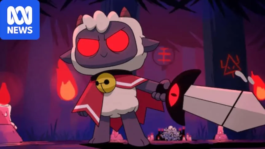 Demonic animated lamb with red eyes and cape wields a sword in a purple dungeon-like space.
