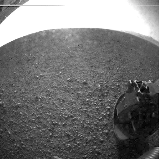 One of Curiosity's first Mars images after its camera dust cover opened; NASA photograph in the public domain.
