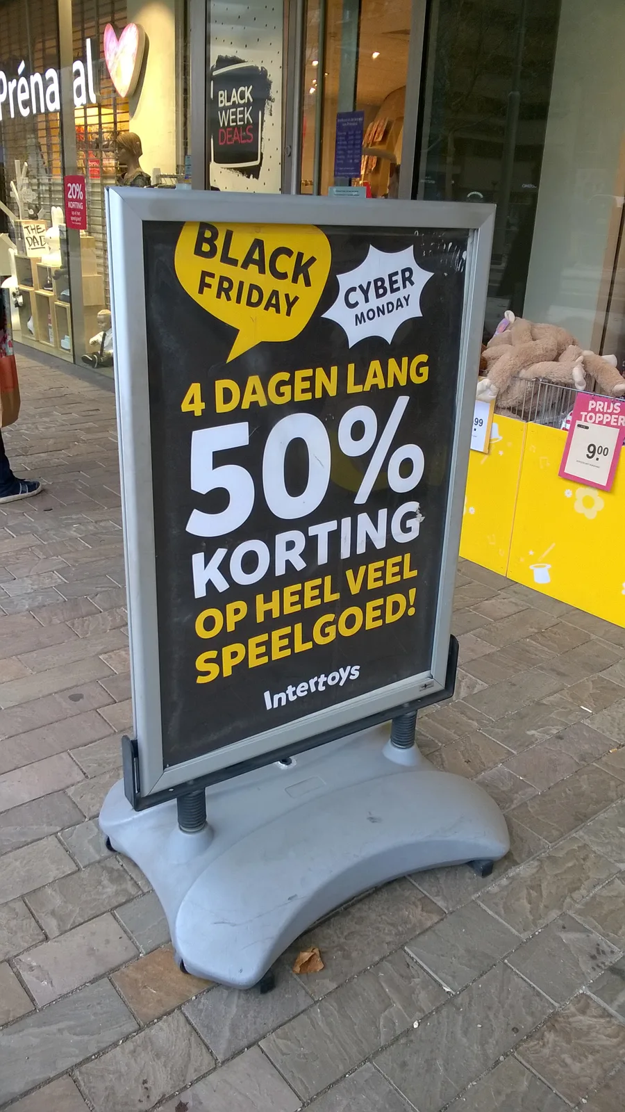 Black Friday and Cyber Monday discount sign at a Rotterdam toy store