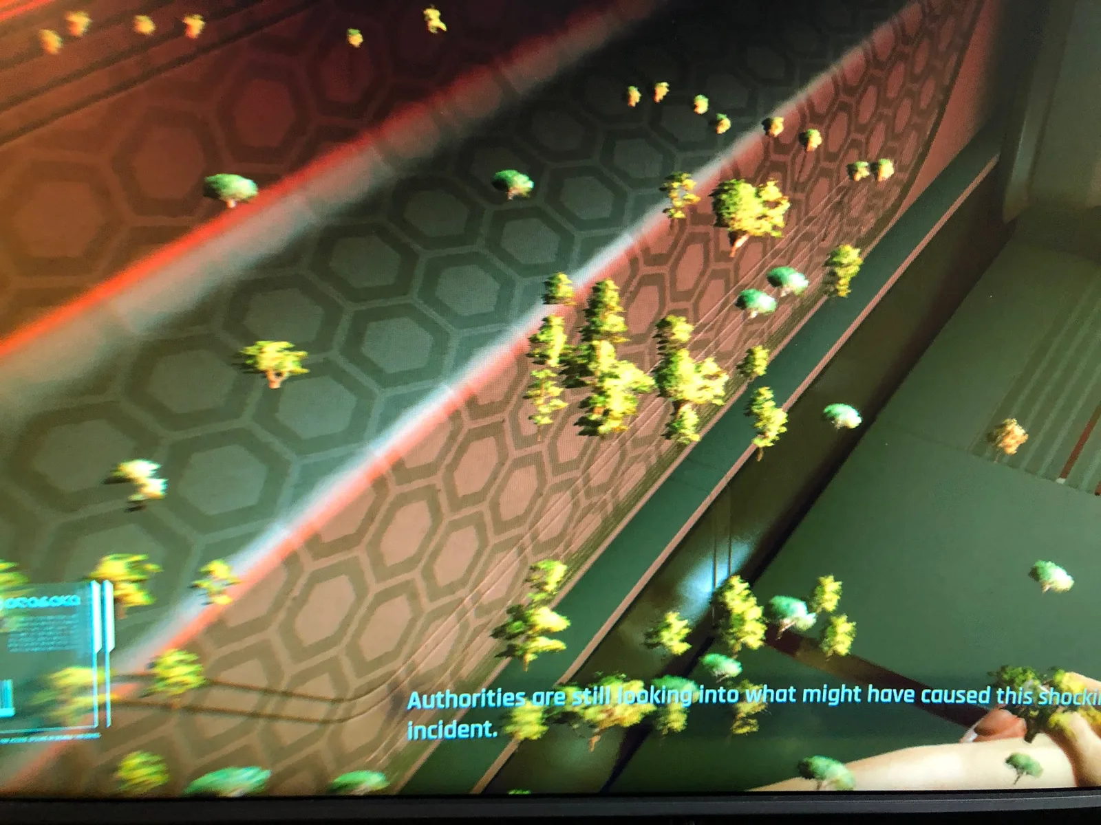 I knew Cyberpunk 2077 was going to be glitchy but I did not expect my entire game to be covered with tiny trees