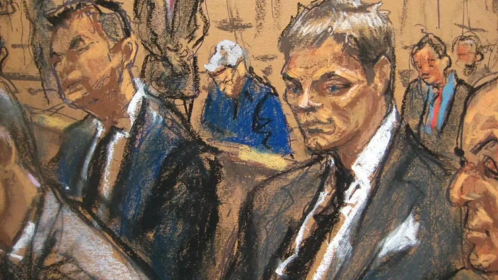Courtroom sketch of Tom Brady at the Deflategate hearing in federal court, 2015