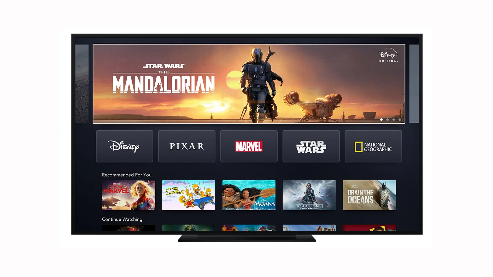 Official launch screenshot showing the Disney+ television interface and catalogue tiles.