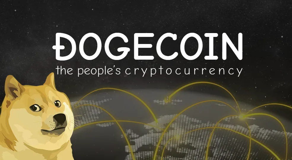Official Dogecoin share card featuring the Doge mascot and the currency name.