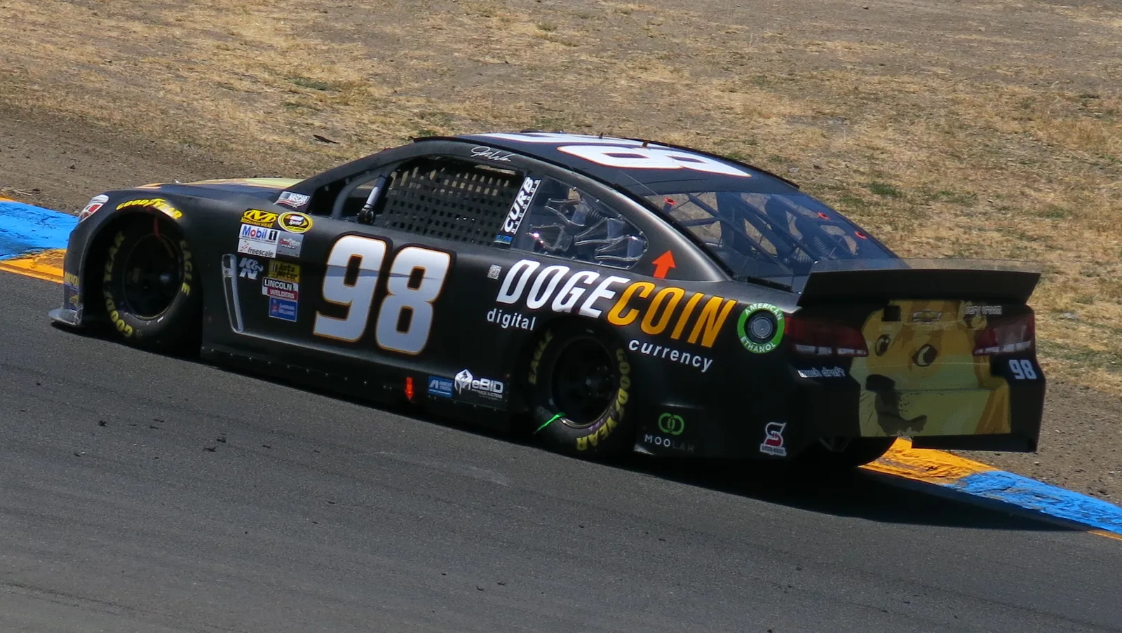 Josh Wise's Dogecoin-sponsored car at Sonoma in 2014; Commons lists CC BY-SA 4.0.