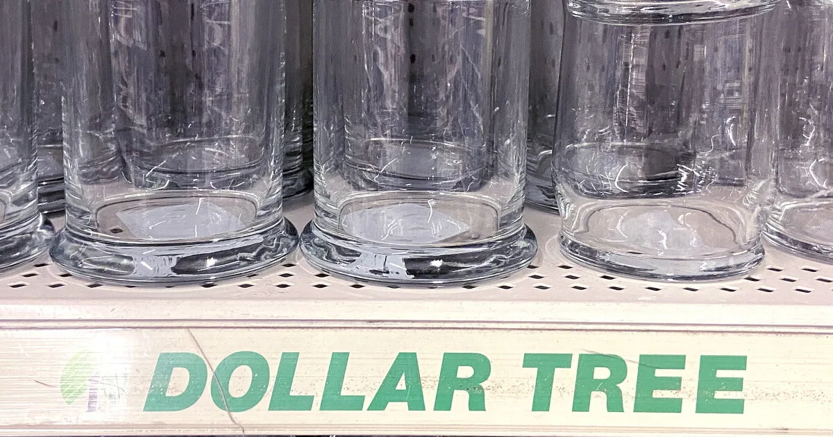 Glassware on a Dollar Tree shelf