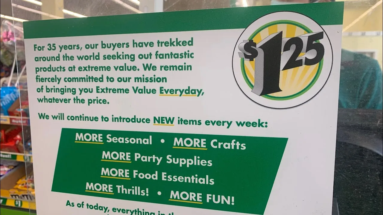 In-store Dollar Tree sign announcing the $1.25 price