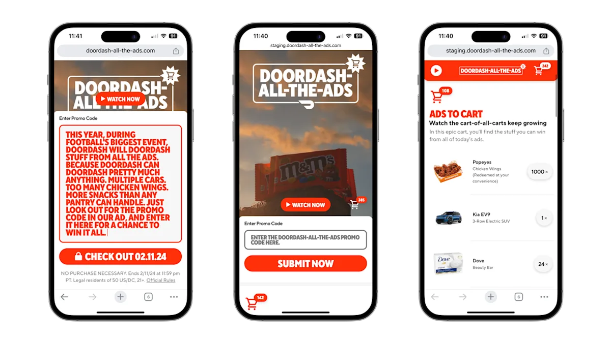 Official production screenshot showing the campaign landing page, promo-code field and prize cart.