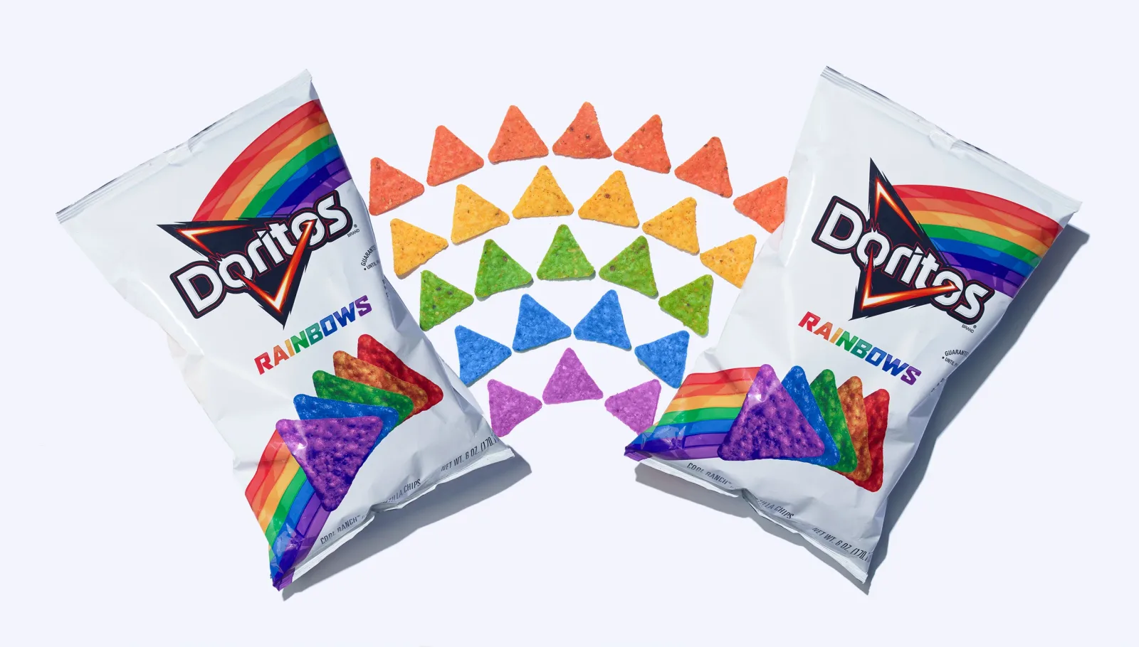 Doritos Rainbows bags beside rows of multicolored chips, from the campaign designer’s portfolio.