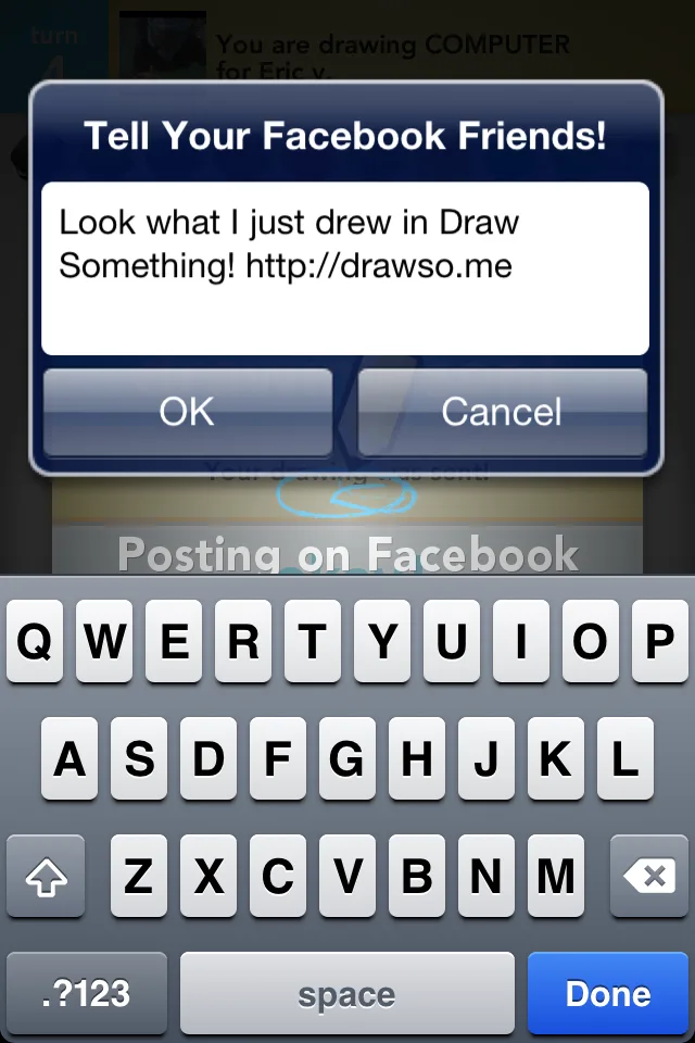 Zynga's official screenshot showing a Draw Something drawing and Facebook sharing, April 2012.