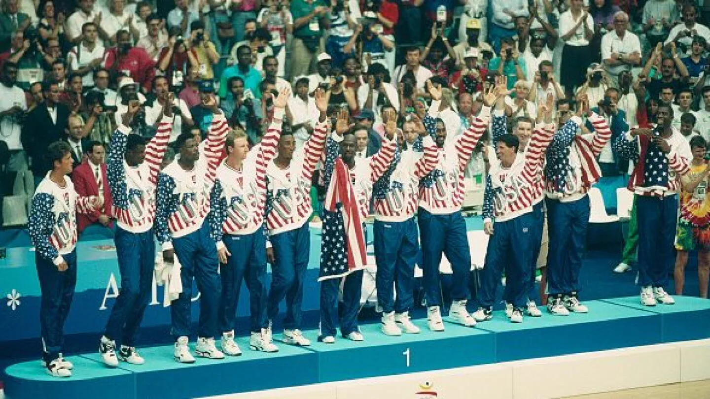 The Dream Team on the medal podium in Barcelona, 1992