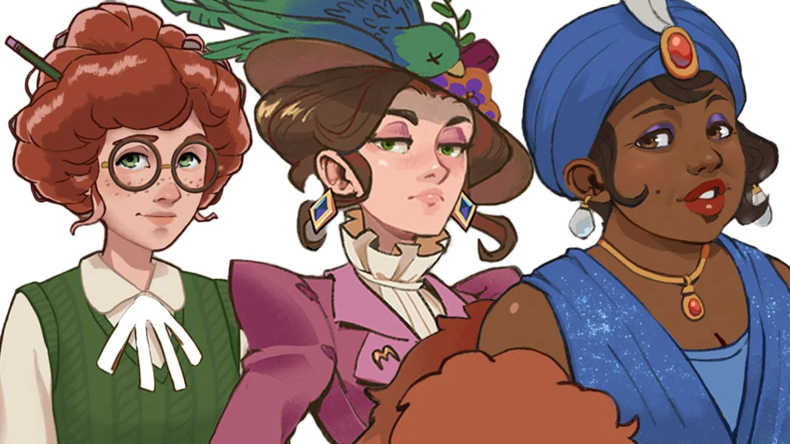 Three women wearing nerdy, Victorian, and flapper outfits.