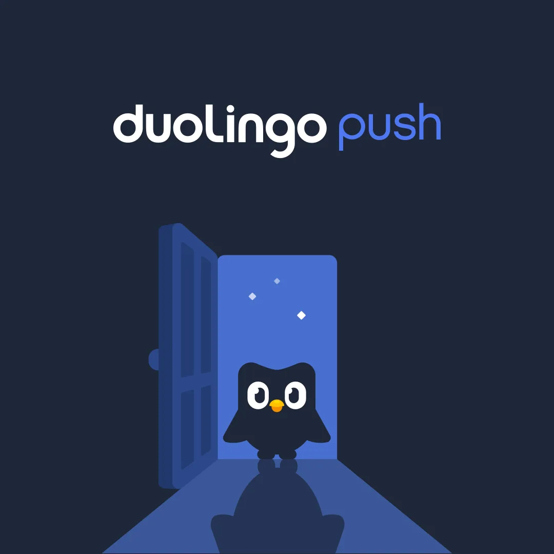 Official Duolingo Push share image, showing Duo in a doorway below the campaign name.