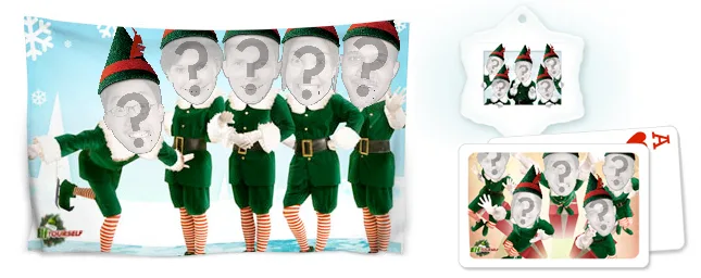 JibJab's personalized ElfYourself gifts, including cards, ornaments and blankets.