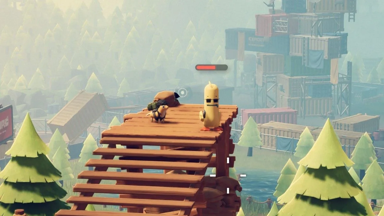 Escape From Duckov - A duck with sunglasses and a pistol stands on a wood platform looking over a lot of shipping containers.