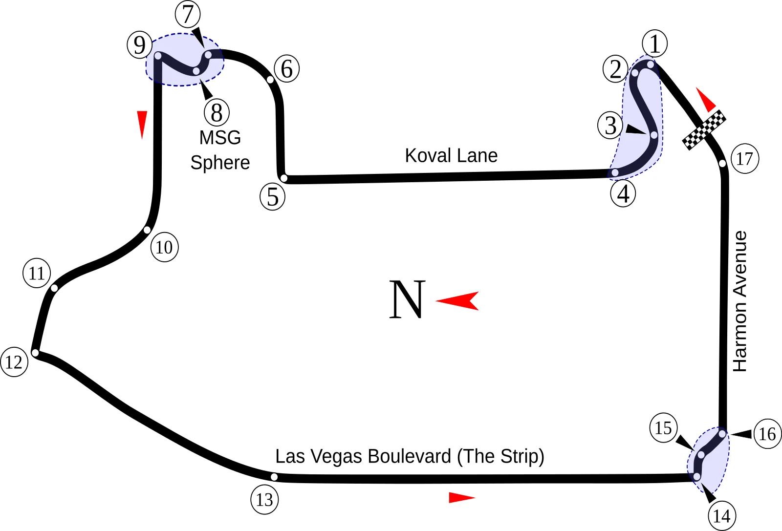 English: 2023 Las Vegas Grand Prix Circuit layout with new chicane.