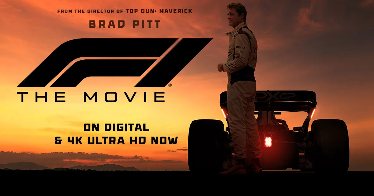 F1 The Movie home-release art: Brad Pitt beside his car at sunset.