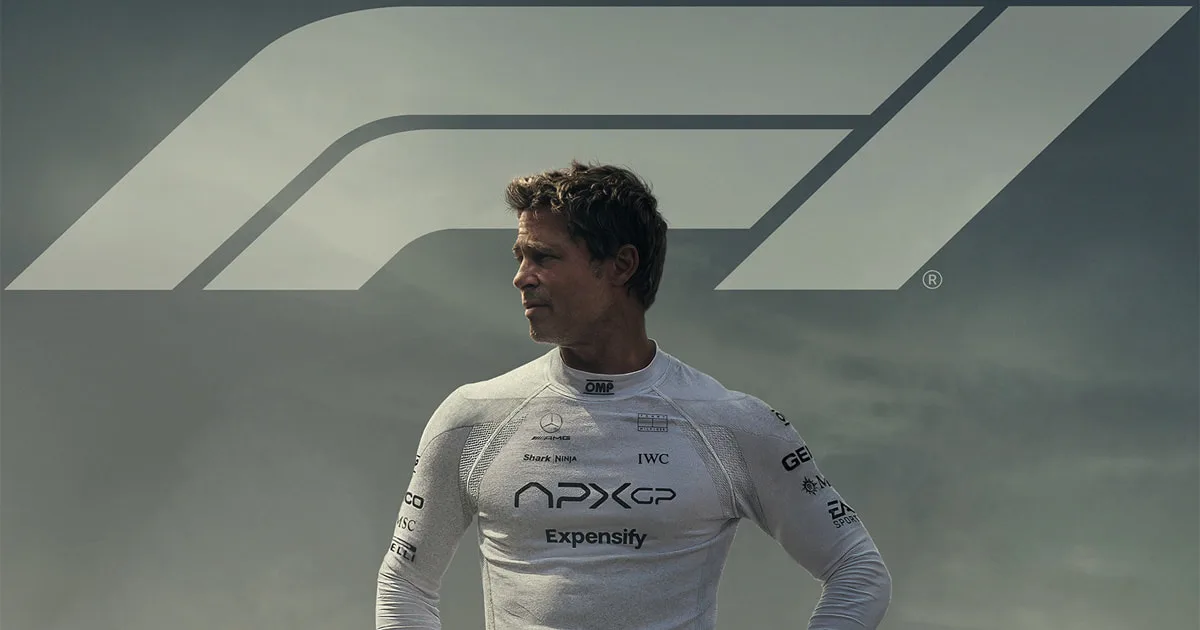 Brad Pitt in front of the F1 title, from Apple's trailer announcement.