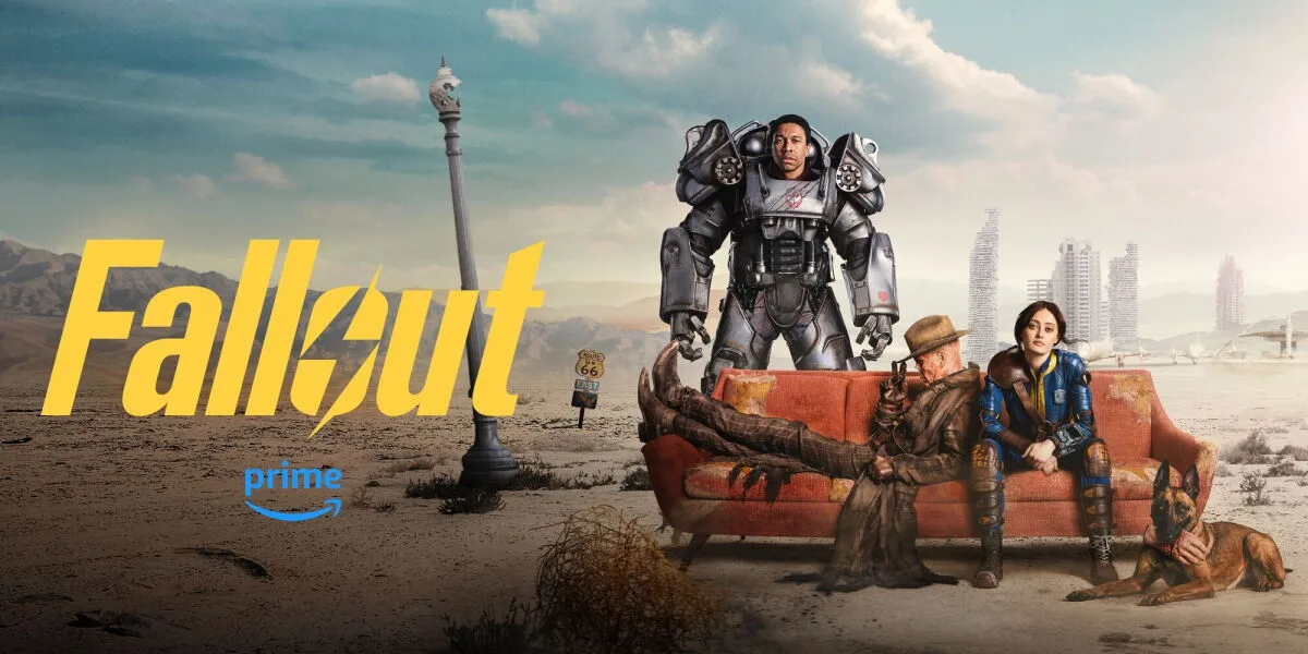 A cover image of Prime Video's Fallout with the logo on the left and the cast sitting on a couch to the right with a city in the background.