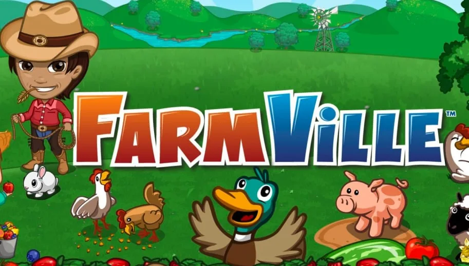 Zynga's artwork for the original FarmVille, showing its farmer, animals and title.