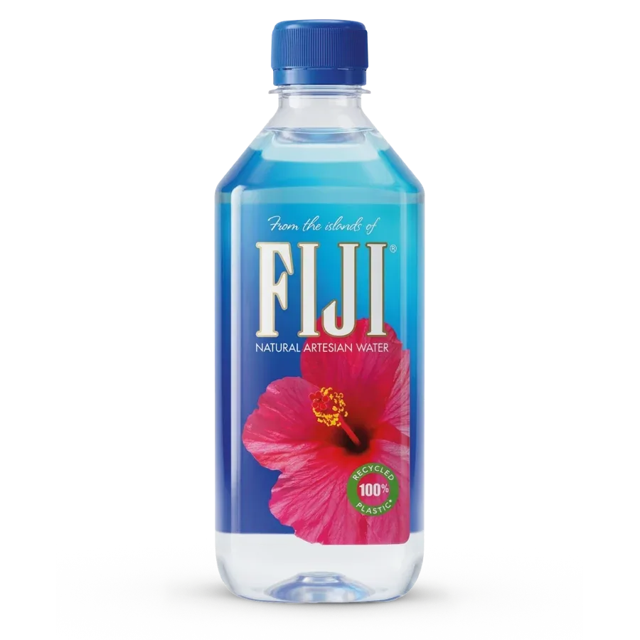 Current official FIJI Water bottle and case photograph; packaging may differ from the event.