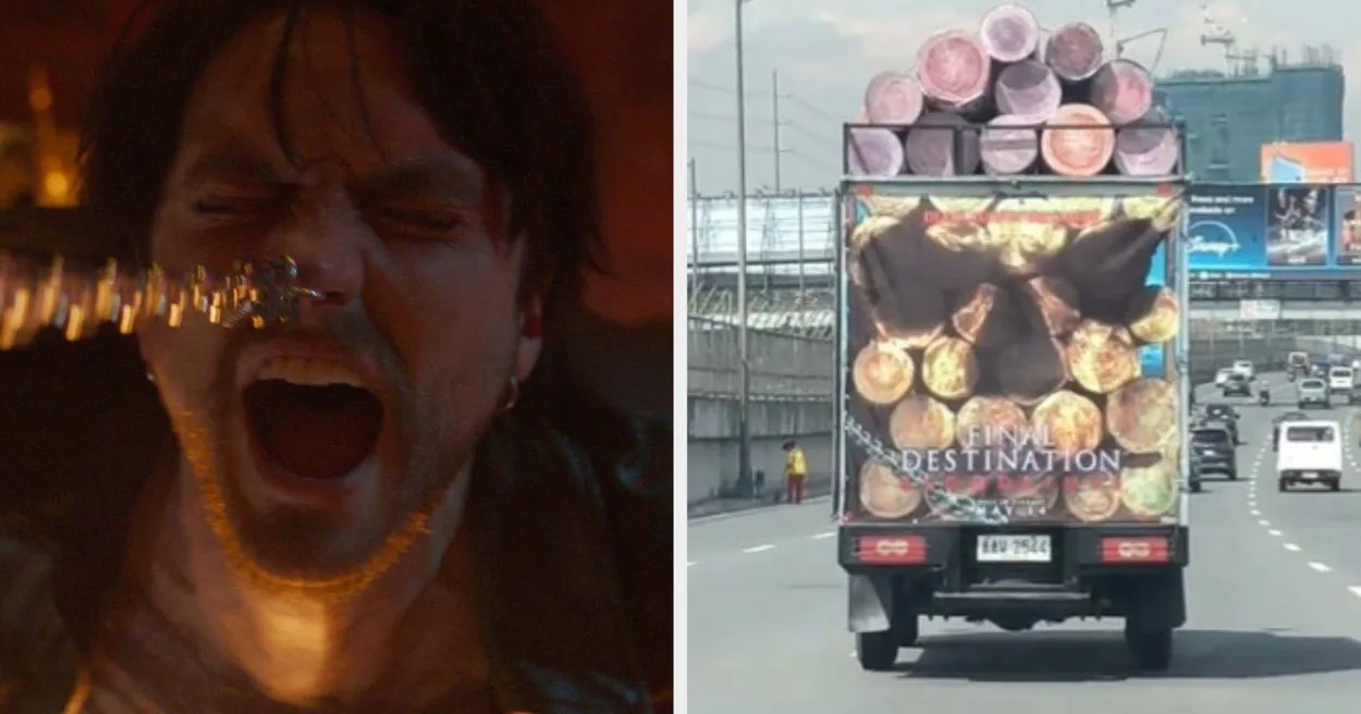 Left: Person with mouth open, possibly screaming, wearing a leather jacket. Right: Truck on highway with logs and "Final Destination" on its back