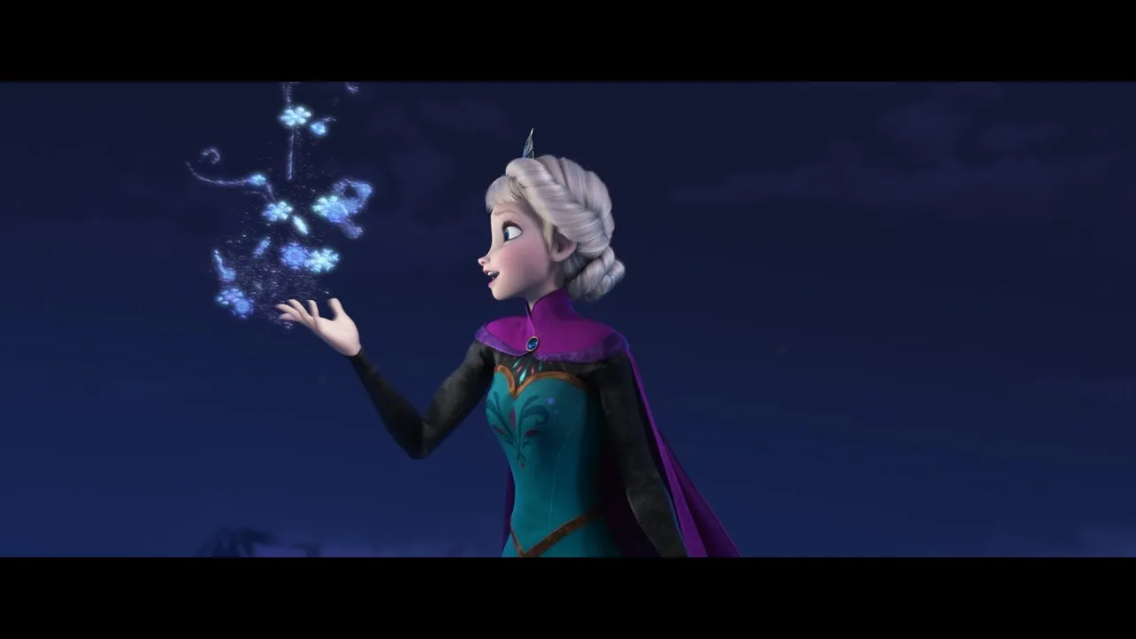 Elsa conjuring snow in the 'Let It Go' sequence, sung by Idina Menzel.