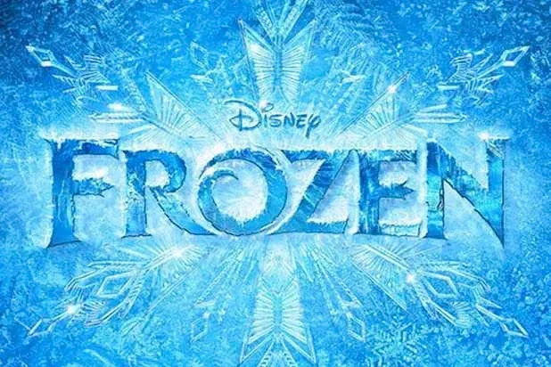 Frozen title logo over a snowflake background.