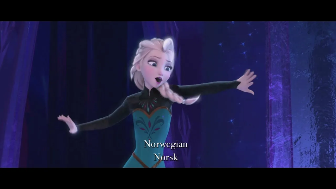 Elsa in Disney's multi-language 'Let It Go' sequence, here with a Norwegian subtitle.