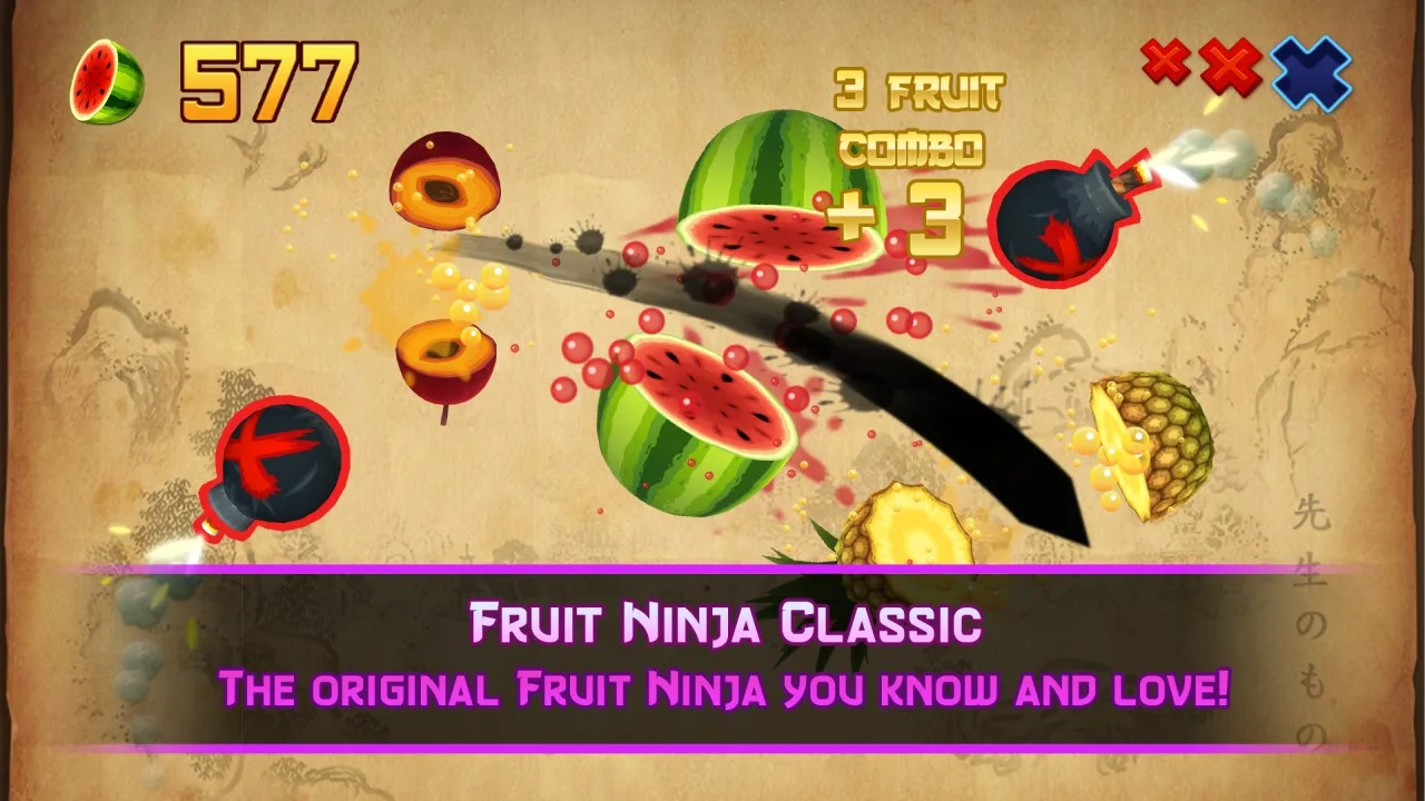 Fruit Ninja Classic gameplay screenshot.