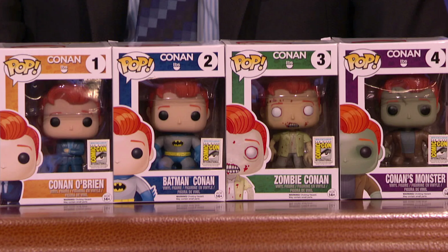 Conan O'Brien Pop! figures, Comic-Con exclusives, in their boxes