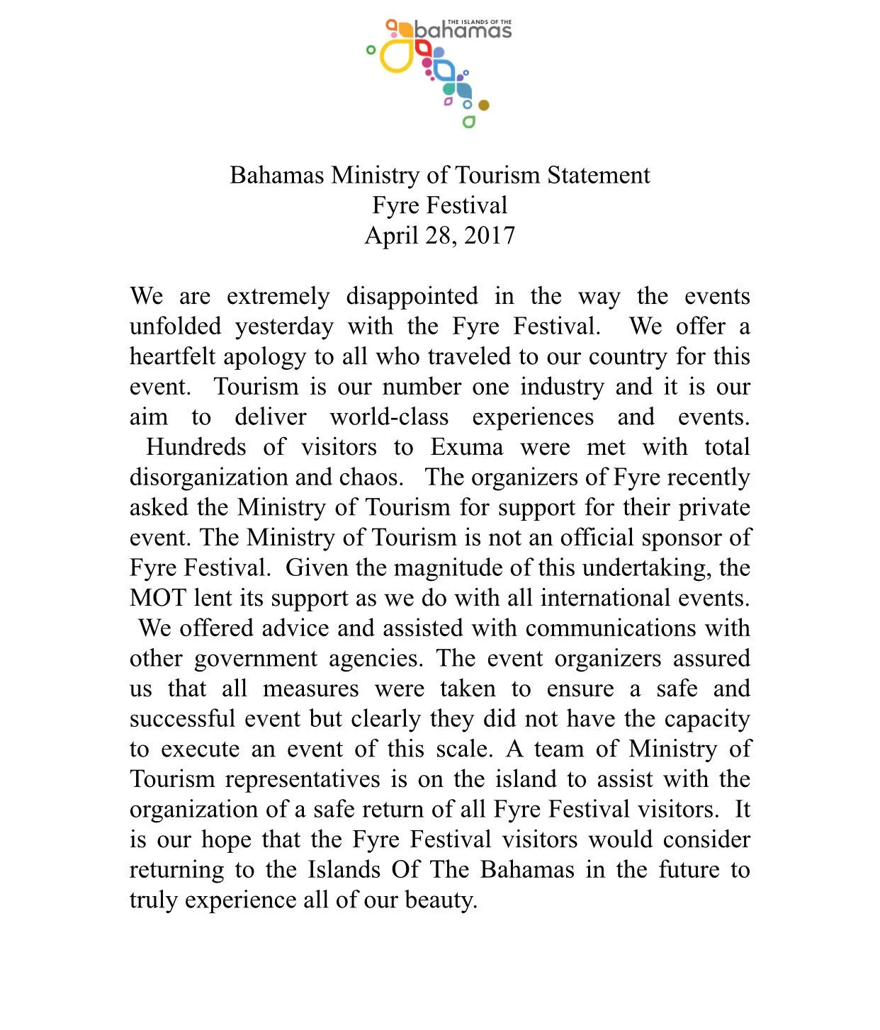 Bahamas official statement on Fyre Festival #FyreFestival