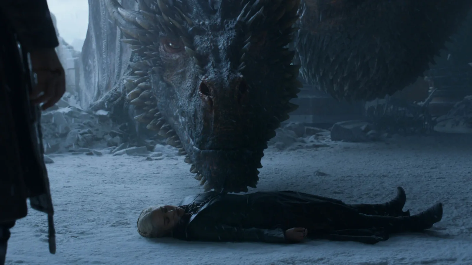 Drogon beside Daenerys's body in the series finale.