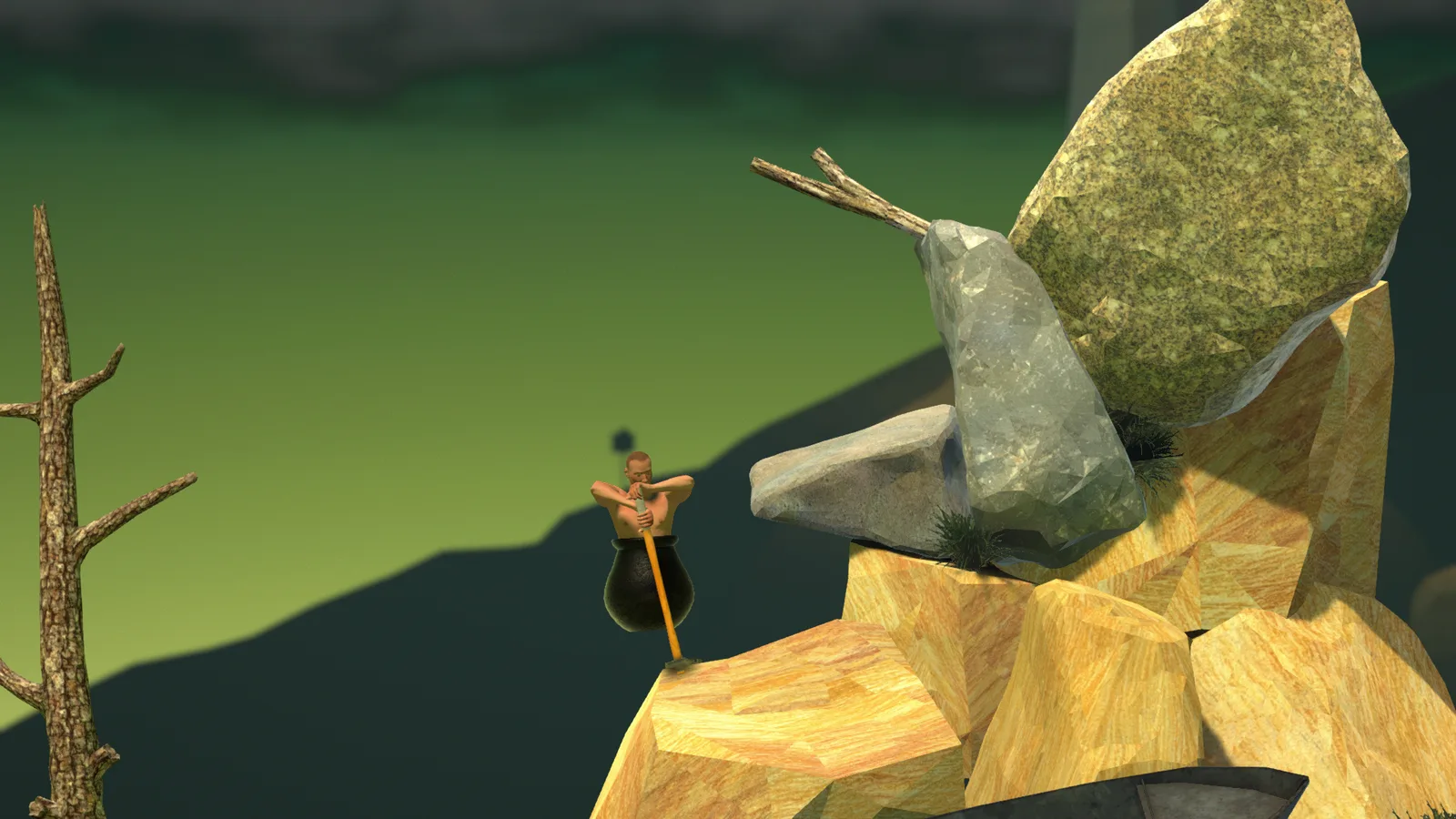 Official screenshot of Getting Over It, showing the man in a pot climbing with a hammer.